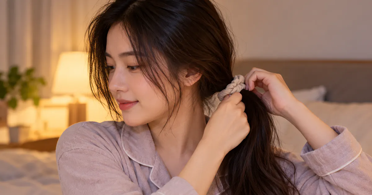 Cách buộc tóc lỏng bằng dây vải mềm trước khi ngủ