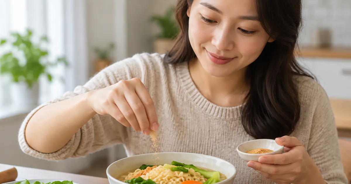 Người chuẩn bị bát mì tôm ít gia vị và thêm rau để giảm cảm giác khó chịu