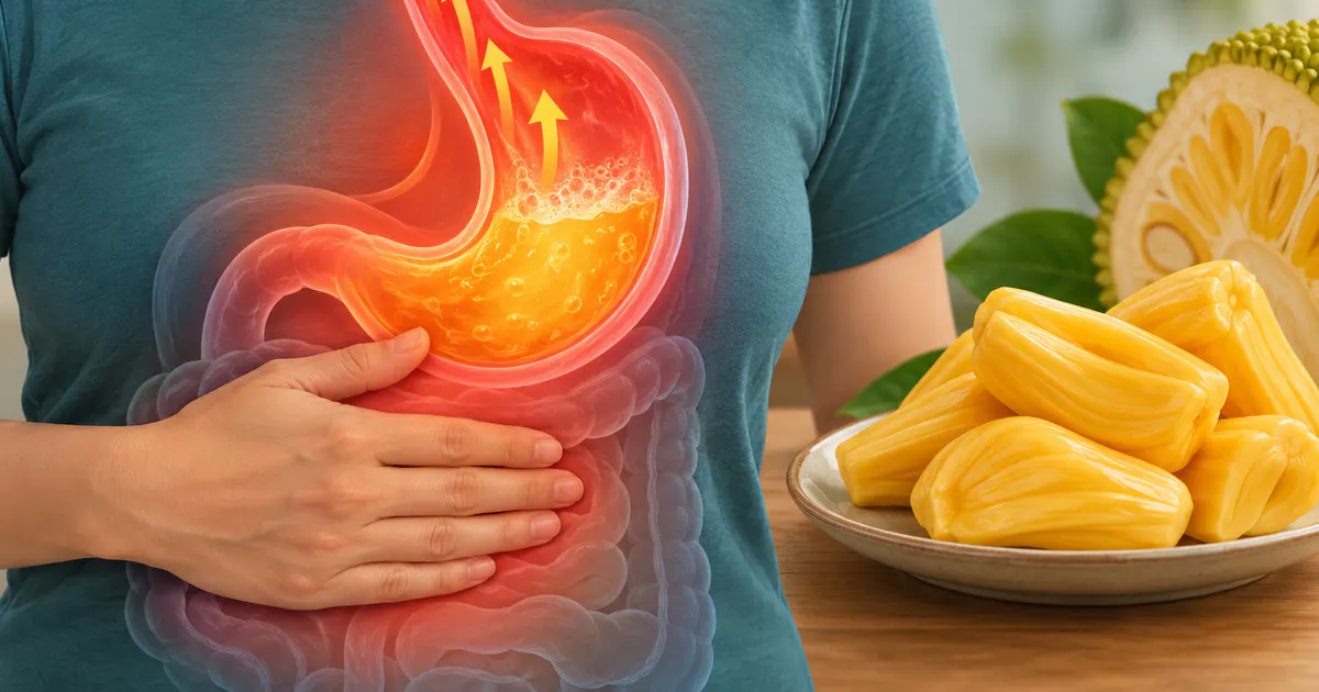 Minh họa cảm giác đầy bụng và trào ngược có thể xuất hiện sau khi ăn mít ở một số người
