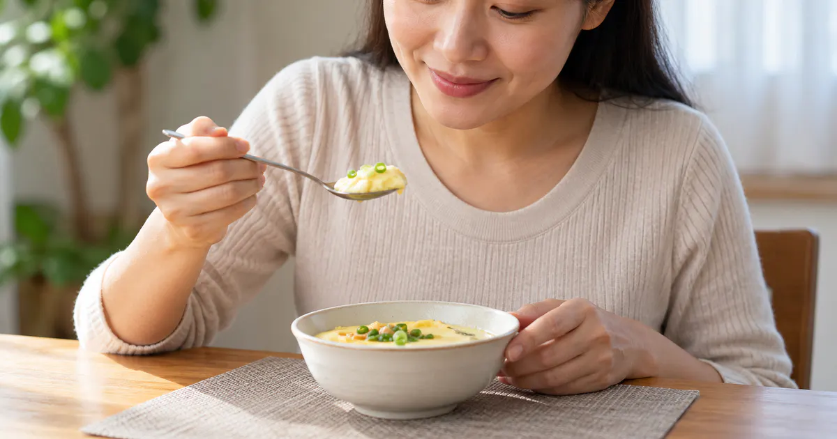 Người trưởng thành ăn chậm món trứng hấp trong tư thế ngồi thẳng