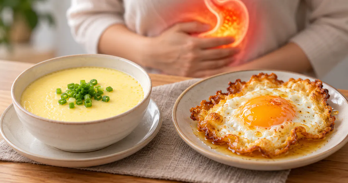 Minh họa so sánh trứng hấp ít dầu và trứng chiên nhiều dầu