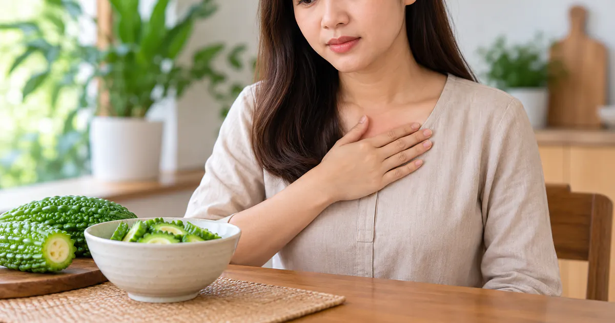 Người bệnh ngồi thẳng theo dõi dấu hiệu khó chịu sau khi ăn mướp đắng