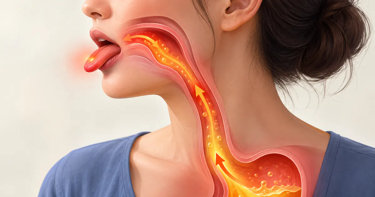 Minh họa dòng dịch trào ngược đi từ dạ dày lên họng và miệng