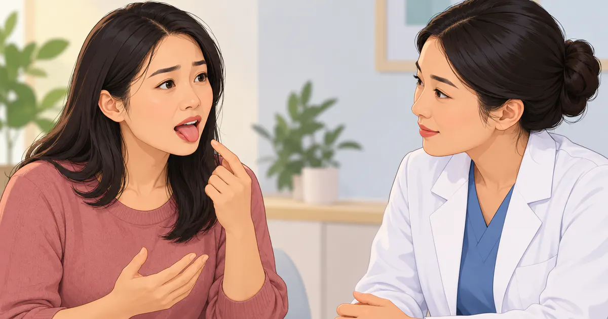Người bệnh trao đổi với nhân viên y tế về triệu chứng ở lưỡi