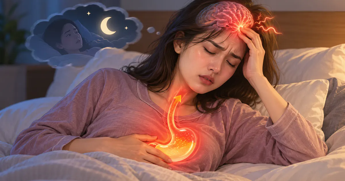 Minh họa người mệt mỏi vì giấc ngủ gián đoạn và khó chịu tiêu hóa