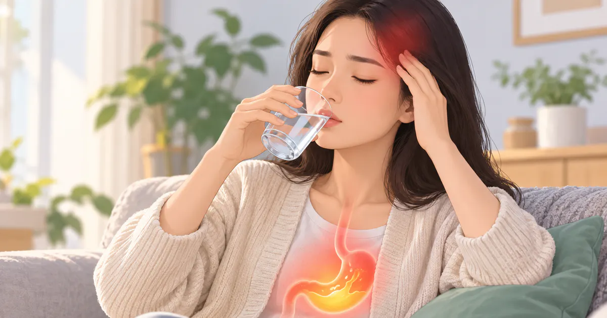 Minh họa tư thế ngồi thẳng và uống từng ngụm nước khi chăm sóc trào ngược kèm đau đầu