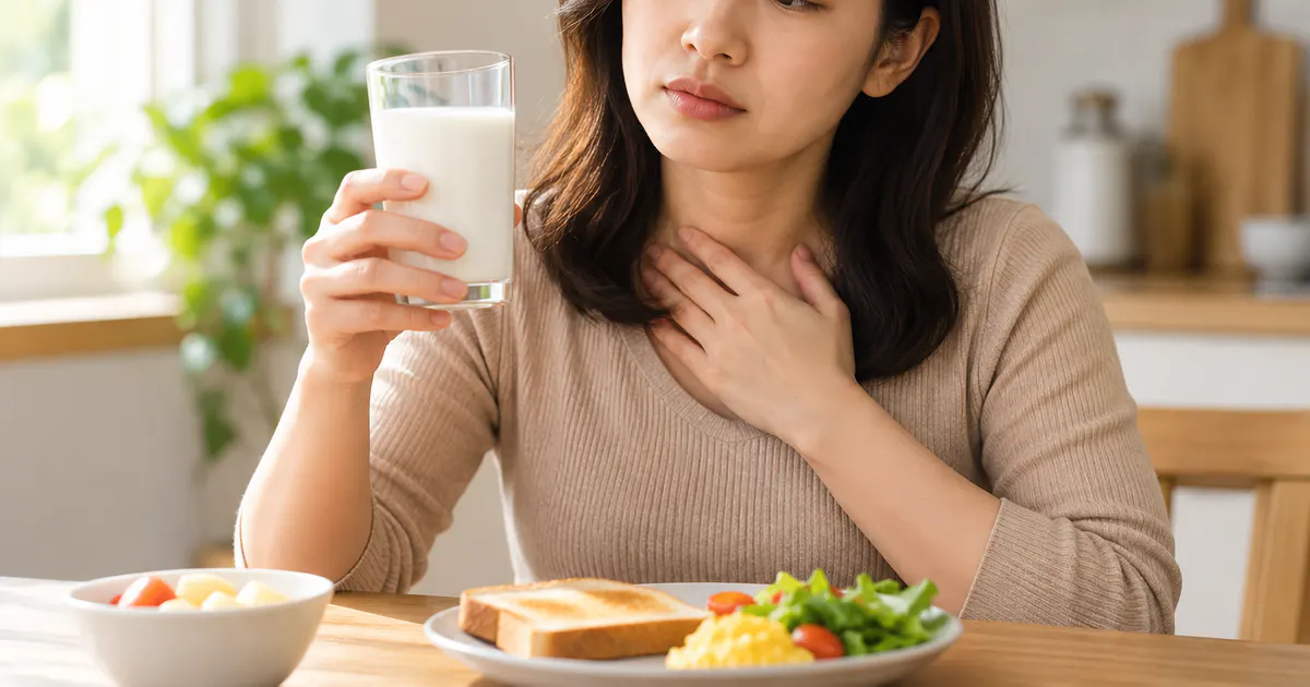 Người trưởng thành cân nhắc trào ngược dạ dày có nên uống sữa tươi bên bàn ăn sáng lành mạnh