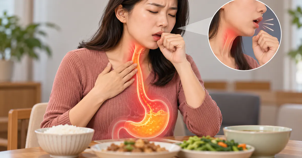 Minh họa người ngồi thẳng với cảm giác kích thích cổ họng sau ăn