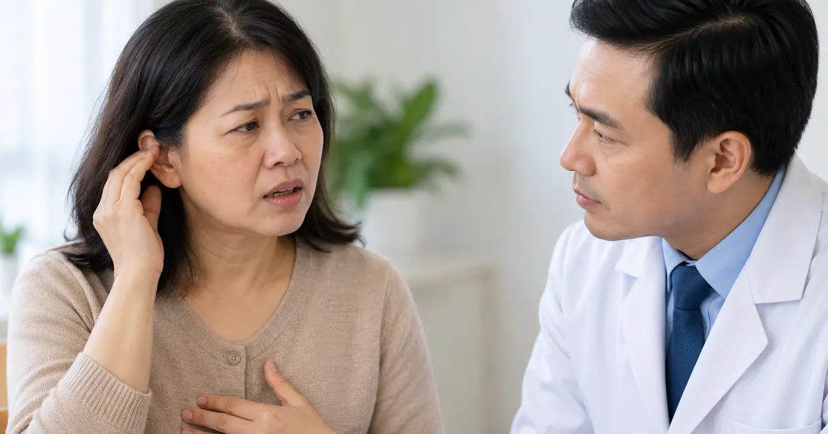 Người bệnh trao đổi với bác sĩ tai mũi họng khi ù tai kéo dài
