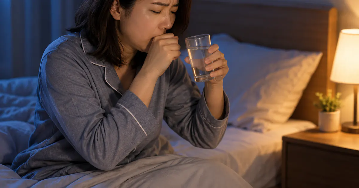 Người ngồi thẳng và uống từng ngụm nước khi ho về đêm