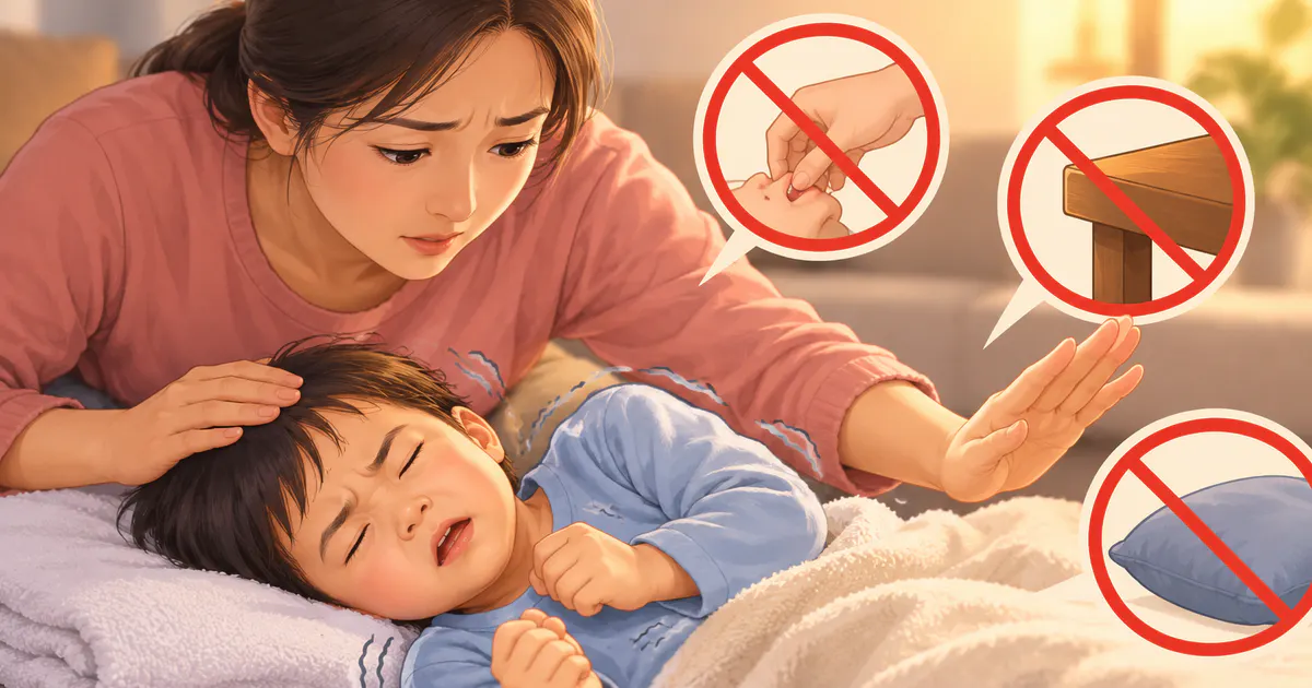 Minh họa những việc không nên làm khi trẻ co giật do sốt