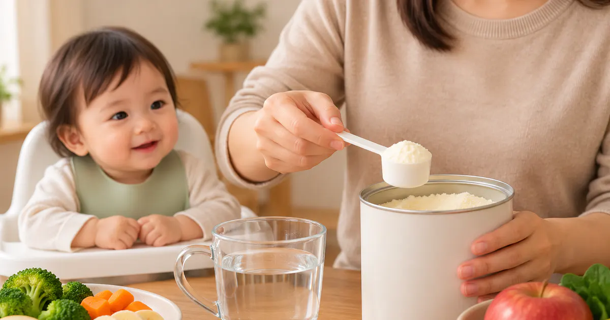 Minh họa cha mẹ kiểm tra cách pha sữa đúng cho trẻ bị táo bón