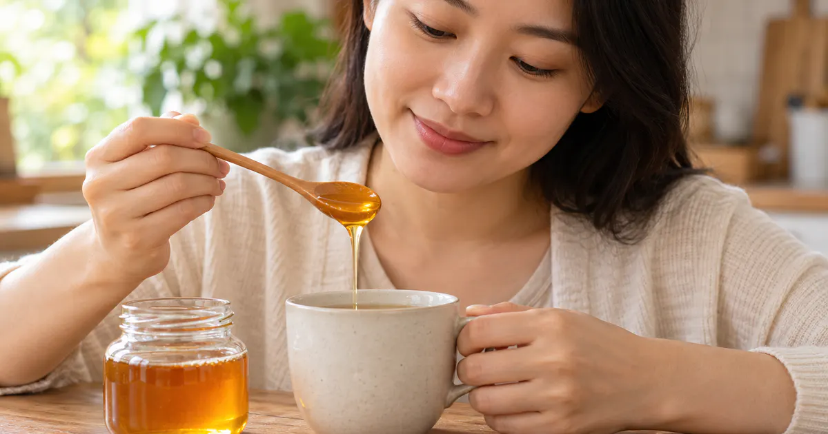 trị trào ngược dạ dày bằng mật ong với ly mật ong nhỏ và người trưởng thành chăm sóc cổ họng