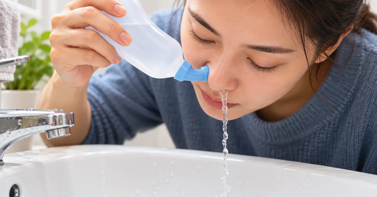 Minh họa vệ sinh mũi bằng dung dịch nước muối đúng cách tại nhà