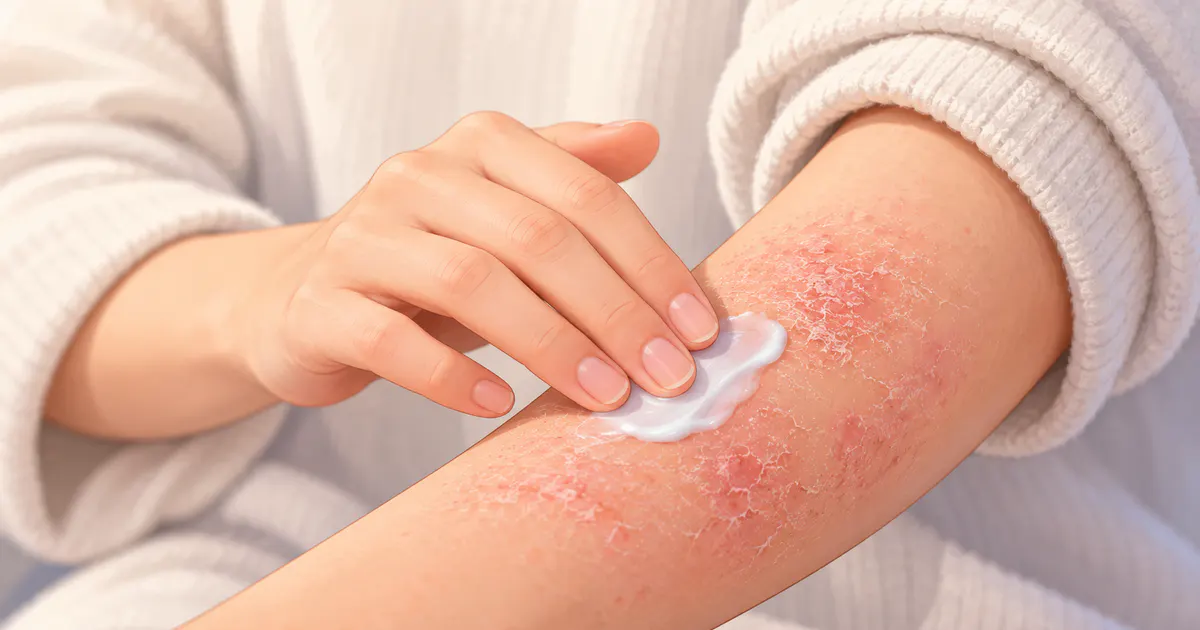 Minh họa dưỡng ẩm nhẹ nhàng cho vùng da khô kích ứng do viêm da cơ địa nặng