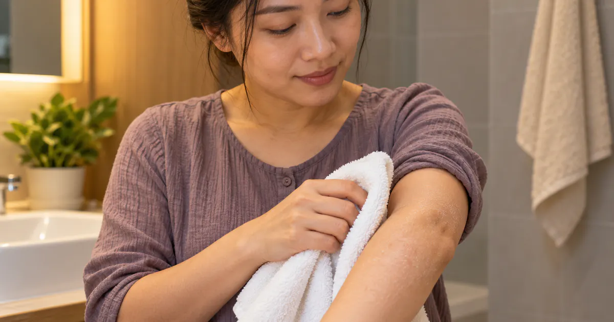 Người trưởng thành lau nhẹ da sau khi rửa để giảm khô ngứa