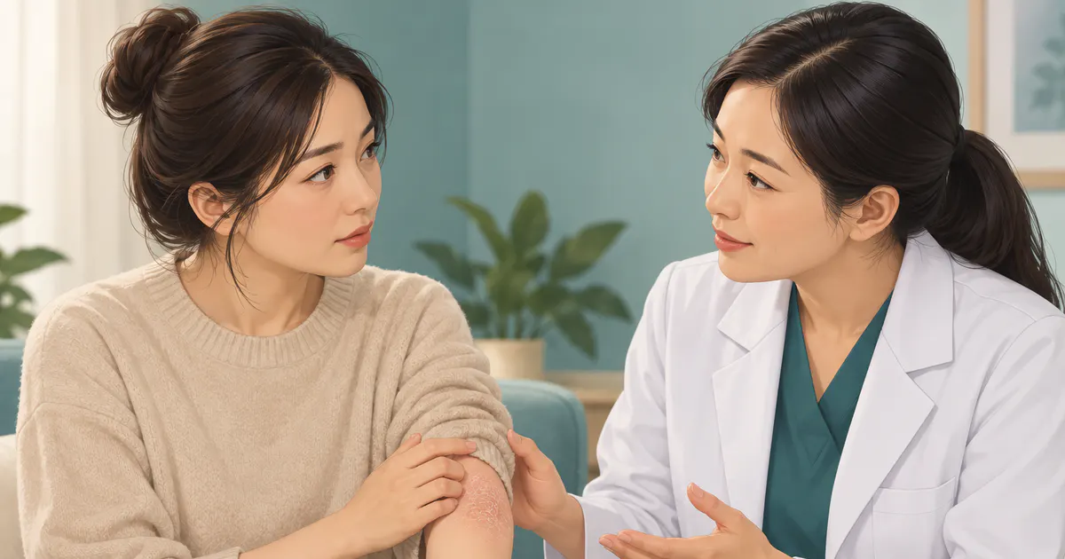 Người lớn trao đổi với bác sĩ về điều trị viêm da cơ địa