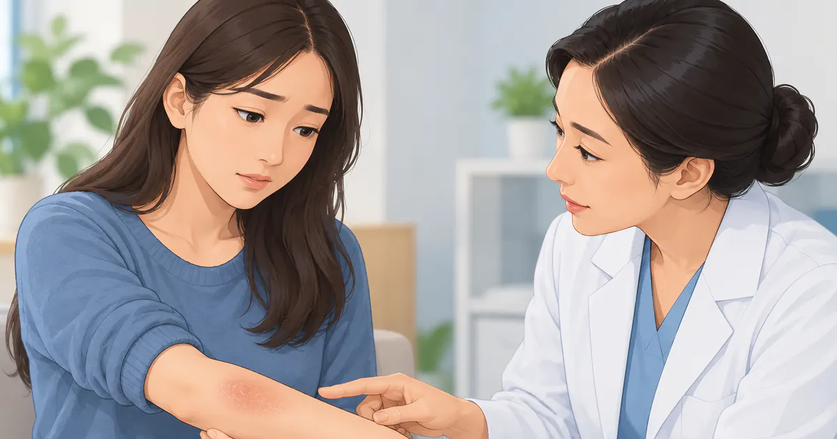 Minh họa người bệnh trao đổi với nhân viên y tế về vùng da viêm kéo dài
