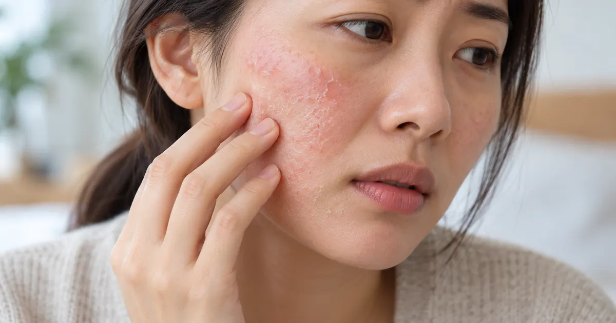 Người phụ nữ chăm sóc vùng da khô ngứa do viêm da cơ địa ở mặt một cách dịu nhẹ