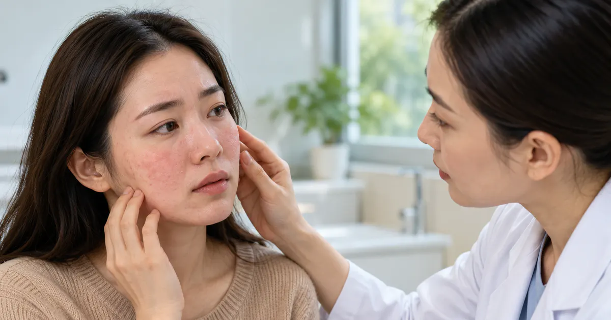 Người bệnh trao đổi với bác sĩ da liễu về tình trạng viêm da trên mặt