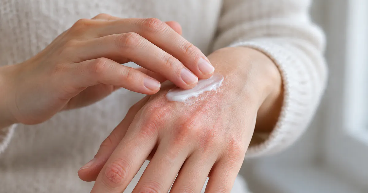 Cận cảnh bàn tay khô đỏ, nứt nhẹ do viêm da cơ địa ở tay được chăm sóc dịu nhẹ