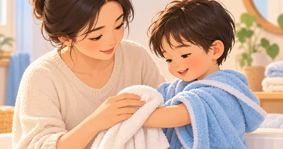 Minh họa lau khô nhẹ nhàng cho trẻ sau khi tắm để giữ ẩm da