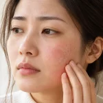 Người phụ nữ chăm sóc vùng da viêm da cơ địa trên mặt theo cách dịu nhẹ