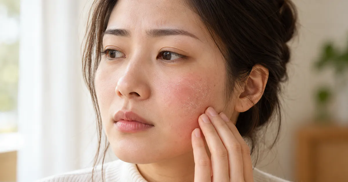 Người phụ nữ chăm sóc vùng da viêm da cơ địa trên mặt theo cách dịu nhẹ