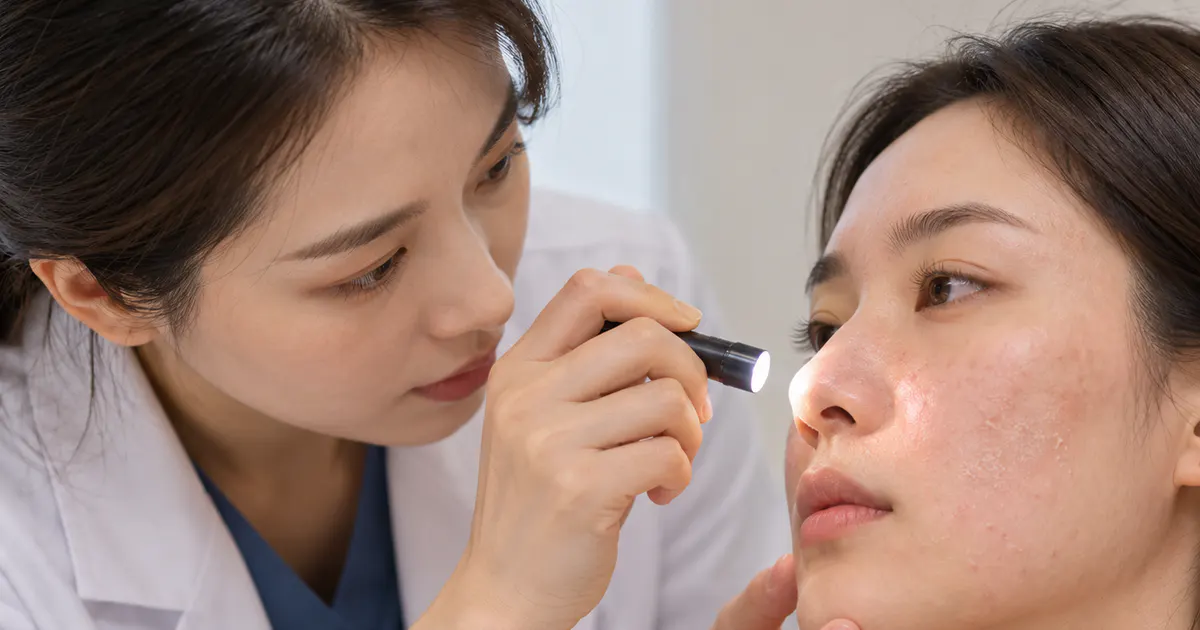 Bác sĩ da liễu thăm khám vùng mặt có dấu hiệu viêm da dầu