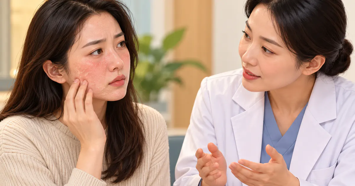 Minh họa người bệnh trao đổi với bác sĩ khi viêm da dầu ở mặt kéo dài