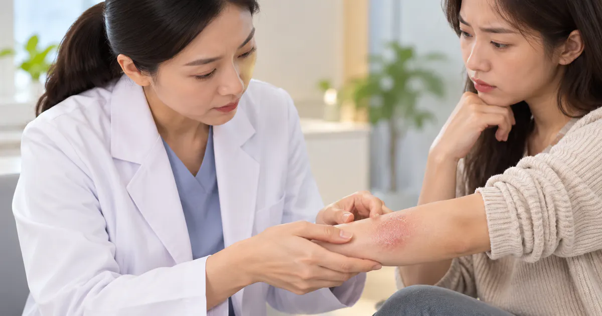 Bác sĩ đánh giá vùng da đỏ để phân biệt viêm da dị ứng với bệnh có thể lây