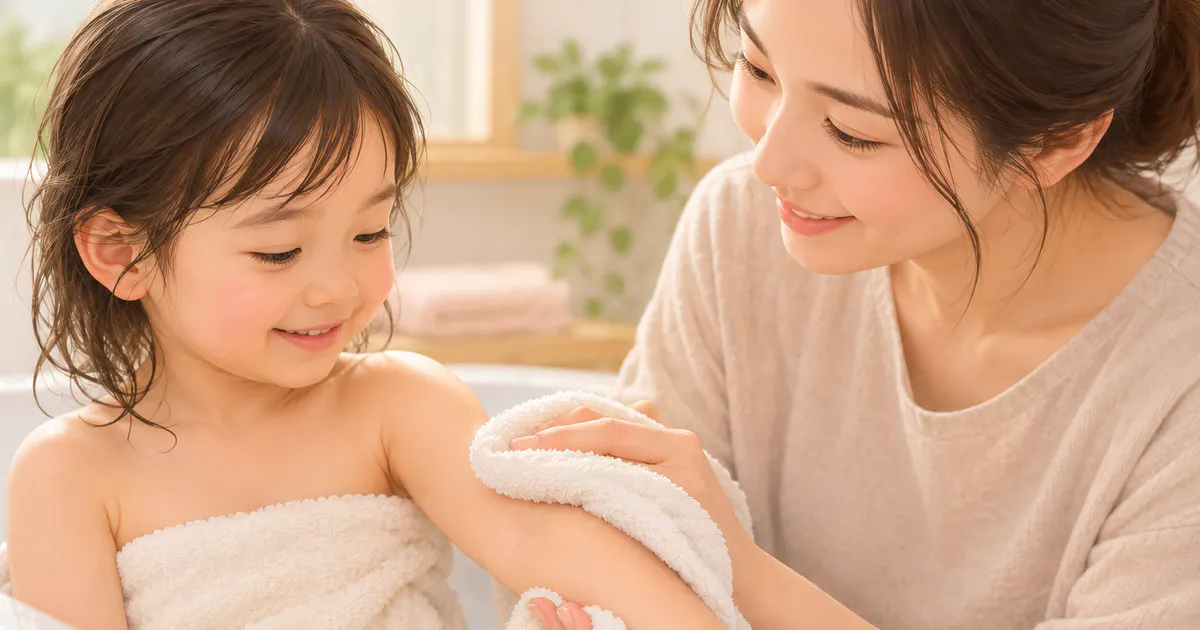 Minh họa cha mẹ lau khô da cho trẻ nhẹ nhàng sau khi tắm