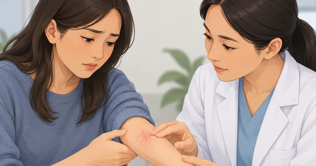 Người bệnh trao đổi với nhân viên y tế về vùng da đỏ kích ứng