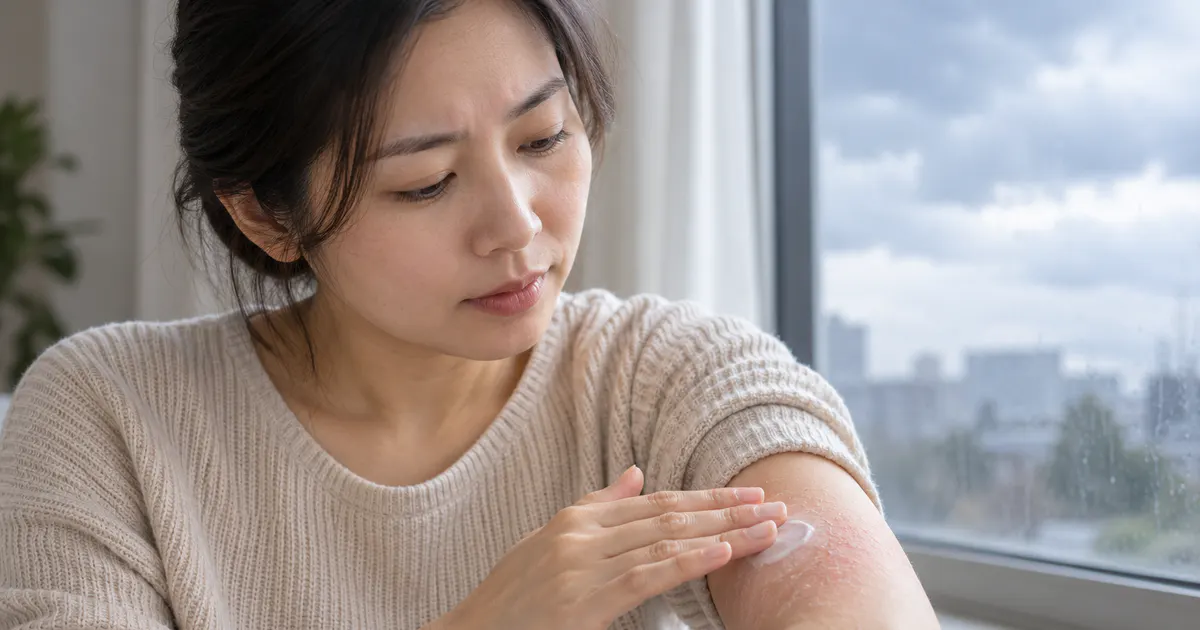 Người phụ nữ chăm sóc vùng da khô ngứa do viêm da thời tiết tại nhà