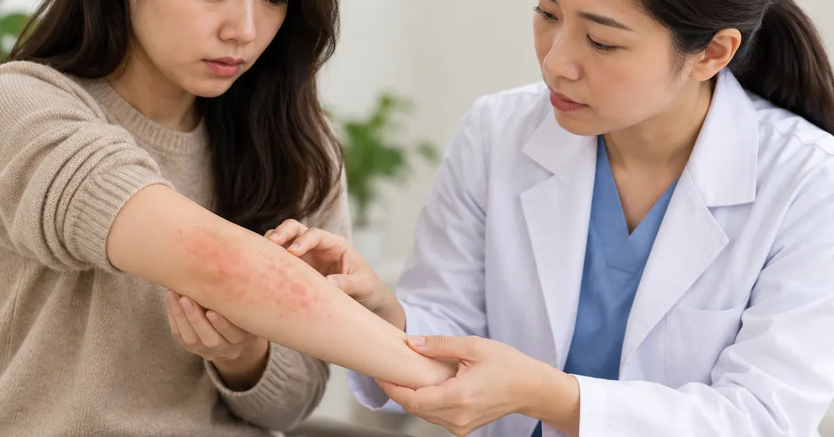 Người bệnh trao đổi với nhân viên y tế về vùng da đỏ lan rộng
