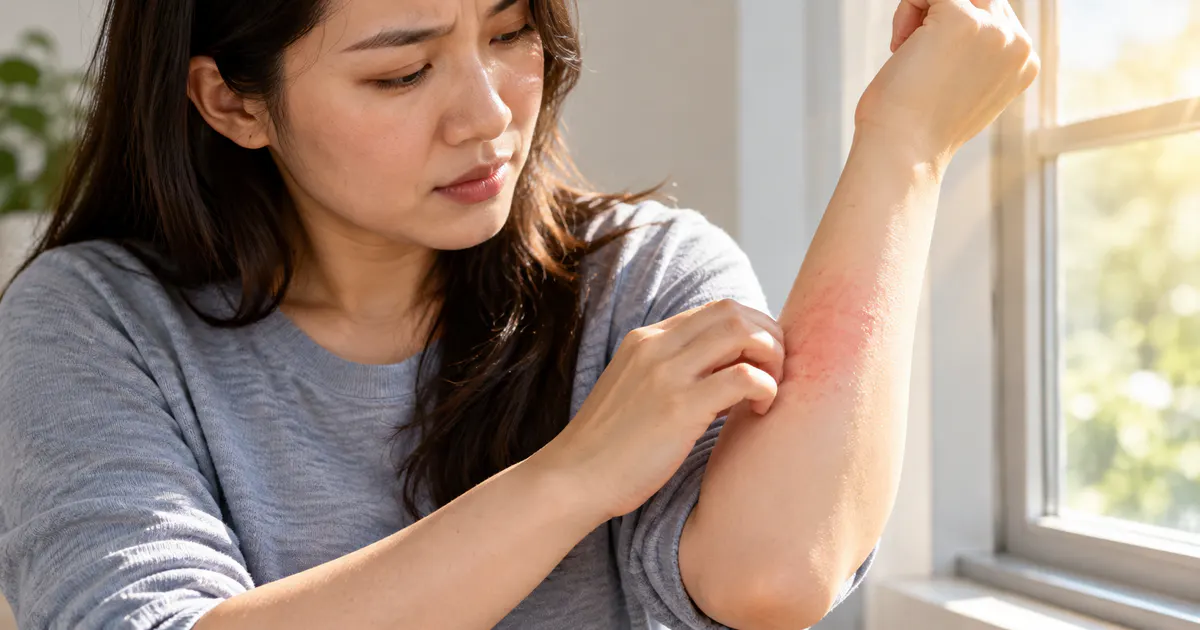 Viêm da tiếp xúc ánh sáng gây đỏ và ngứa ở vùng da hở sau khi phơi nắng
