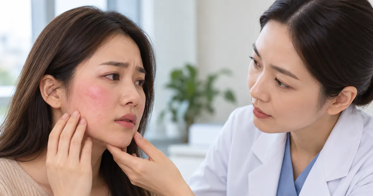 Minh họa người bệnh trao đổi với bác sĩ khi tổn thương da mặt kéo dài