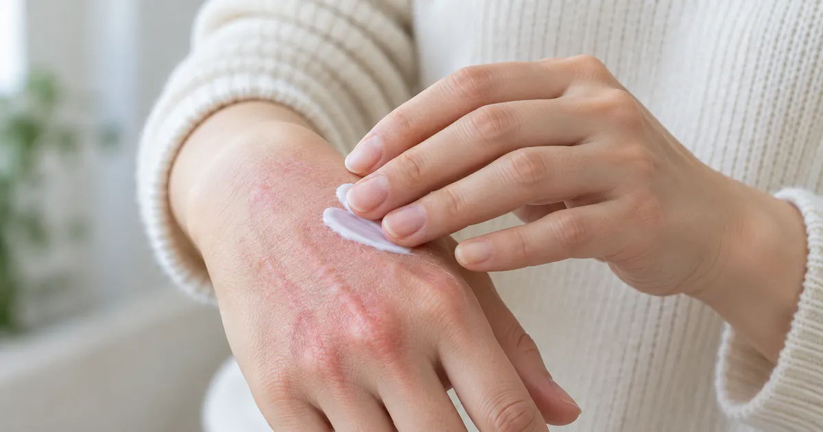 Cận cảnh bàn tay bị viêm da tiếp xúc dị ứng ở tay với vùng da đỏ và khô nhẹ
