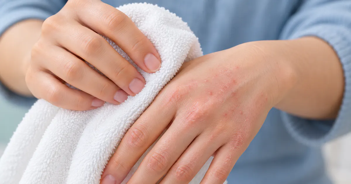 Minh họa lau khô tay nhẹ nhàng trong chăm sóc da bị viêm da tiếp xúc