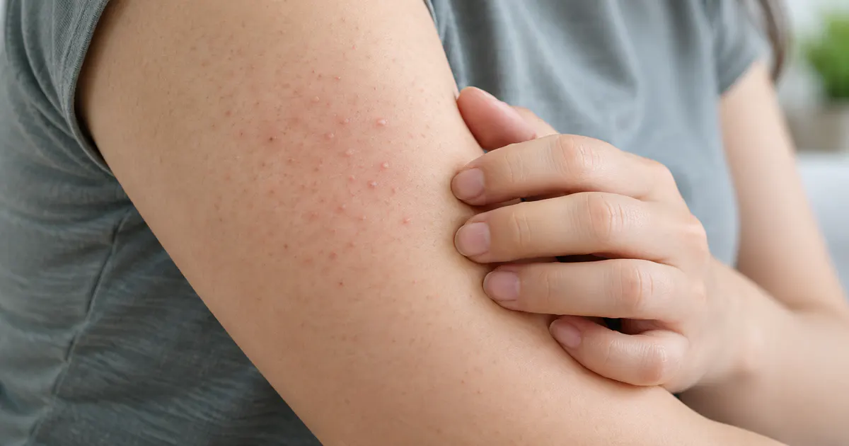 Cận cảnh viêm nang lông cánh tay với các nốt đỏ nhỏ quanh chân lông