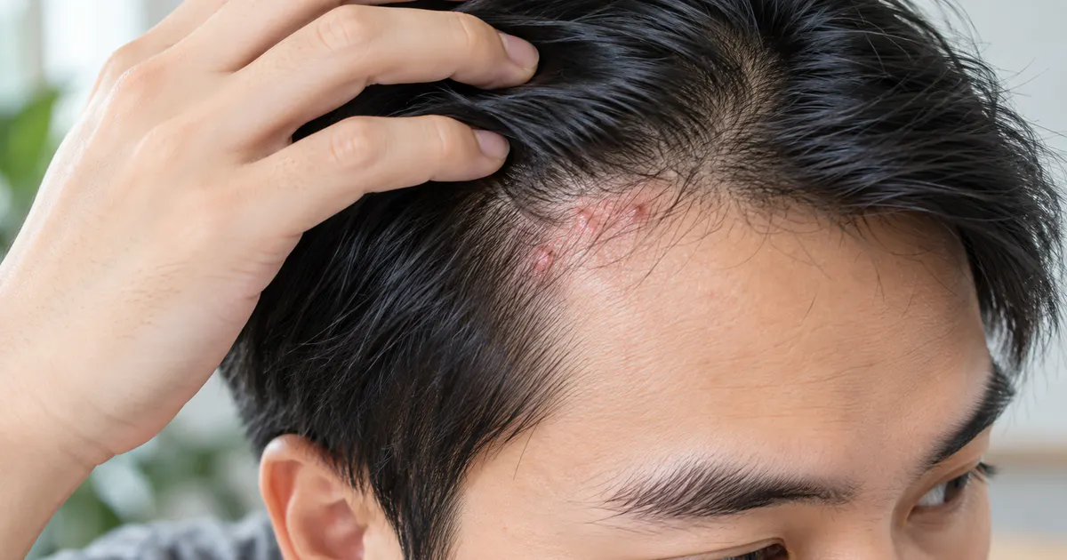 Cận cảnh da đầu có viêm nang lông ở đầu với nốt đỏ nhỏ quanh chân tóc