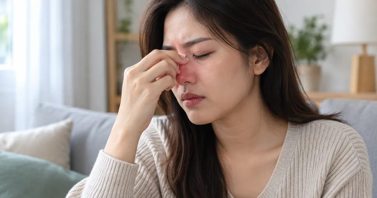 Viêm xoang dị ứng là gì qua hình minh họa người phụ nữ bị nghẹt mũi trong nhà sạch thoáng