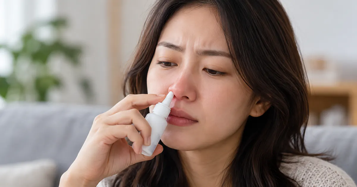 Người trưởng thành thực hiện xịt rửa mũi nhẹ nhàng tại nhà